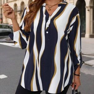 Women’s Abstract Gold Navy and‎ White Ruffle Neck Blouse size XXL